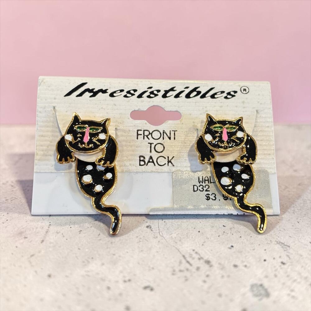 Black Cat Dangle Earrings Enamel Kitty Polka Dot Kitsch 80s Deadstock